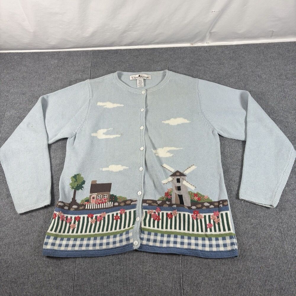 VTG Claire Murray Cardigan M Light Blue Windmill House Scene Cottagecore